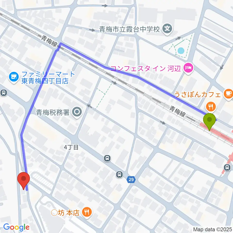 齋藤ギター音楽教室の最寄駅河辺駅からの徒歩ルート（約6分）地図
