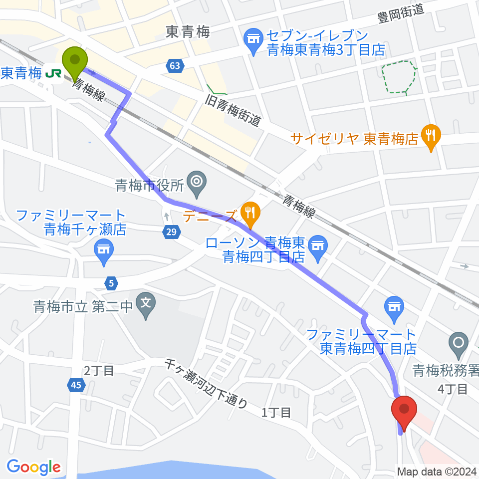 東青梅駅から齋藤ギター音楽教室へのルートマップ地図