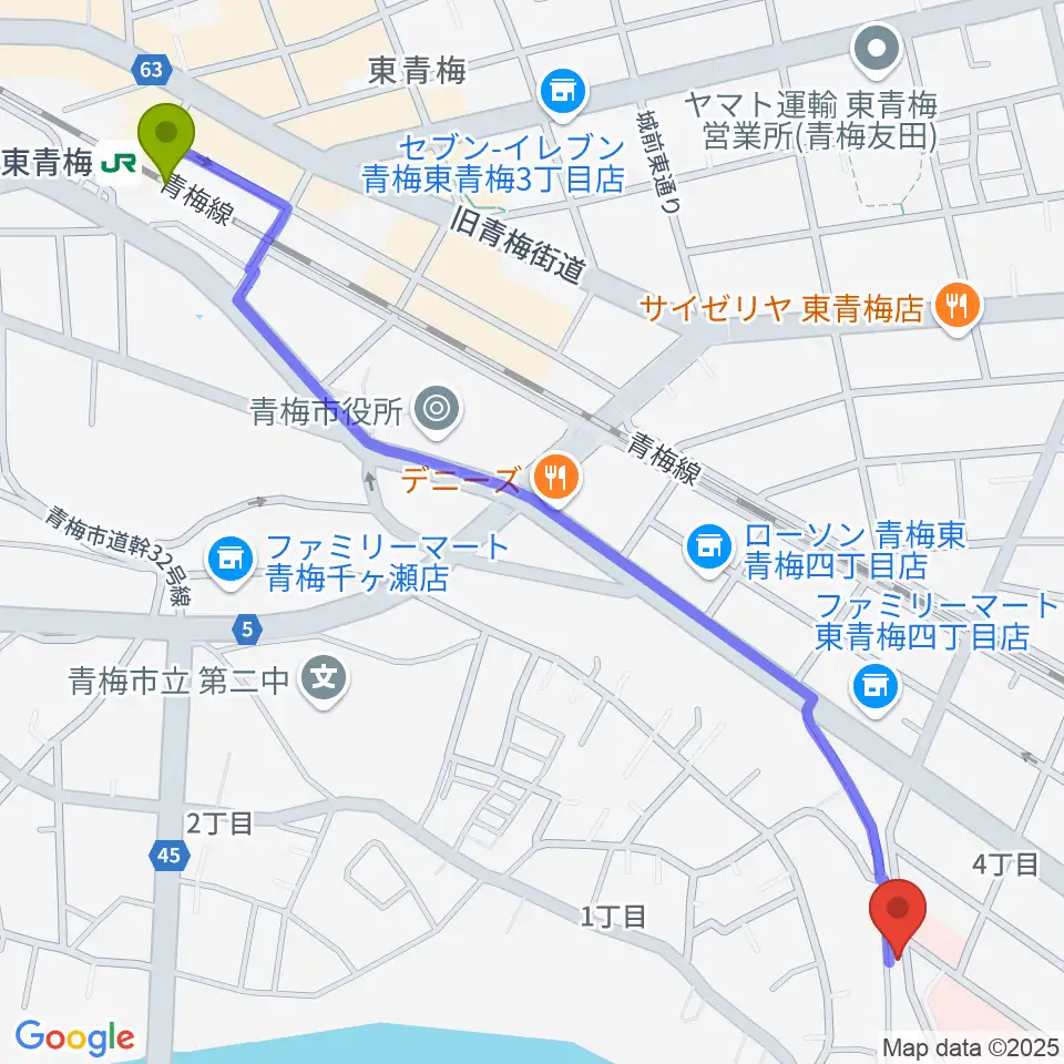 東青梅駅から齋藤ギター音楽教室へのルートマップ地図
