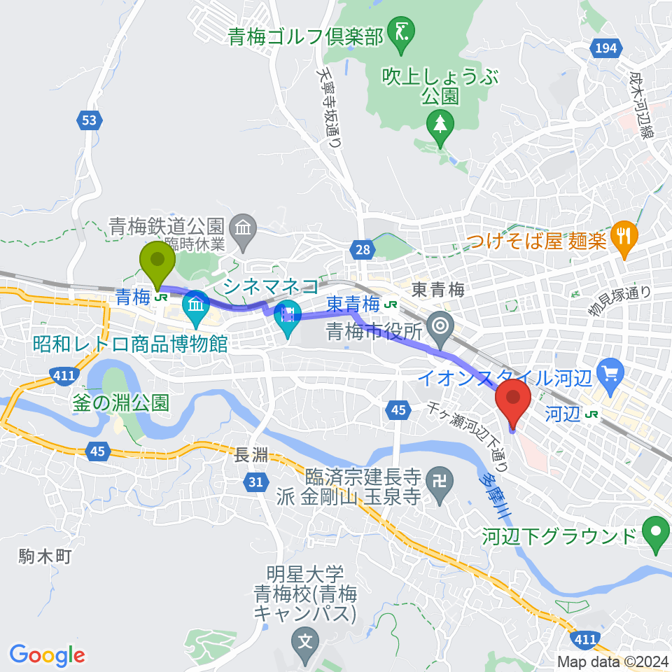 青梅駅から齋藤ギター音楽教室へのルートマップ地図
