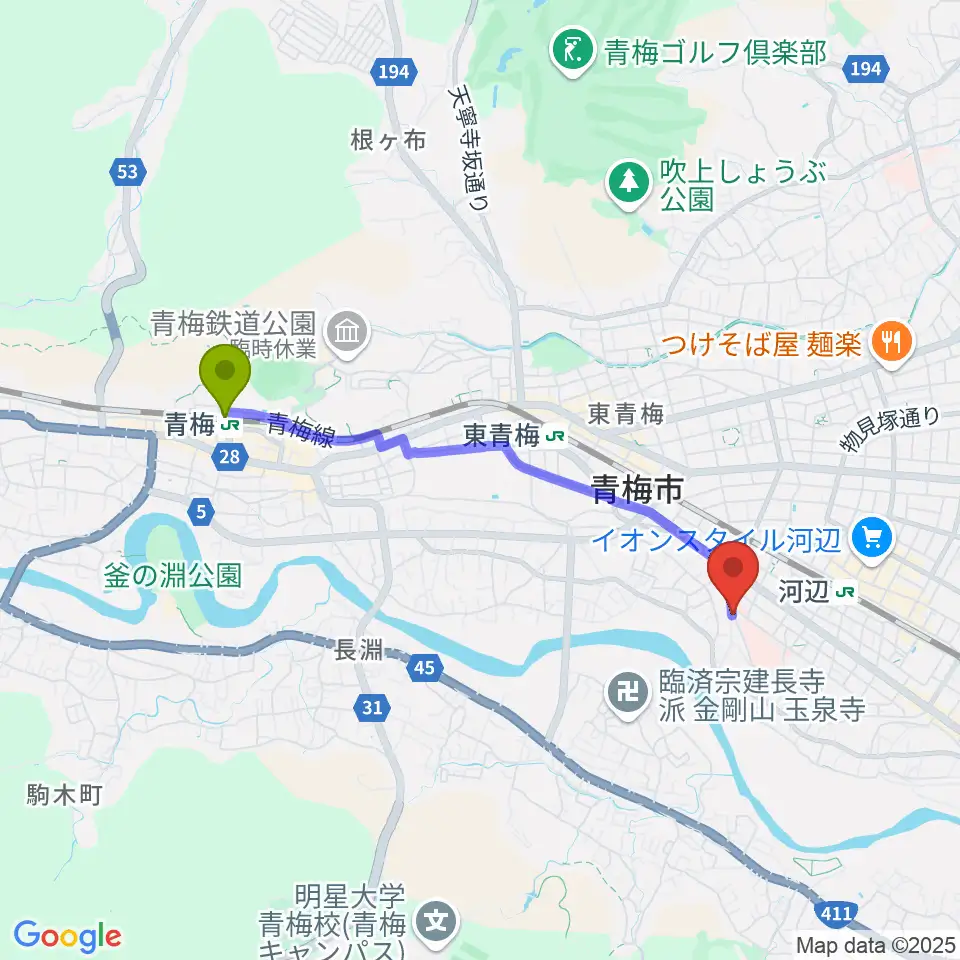 青梅駅から齋藤ギター音楽教室へのルートマップ地図