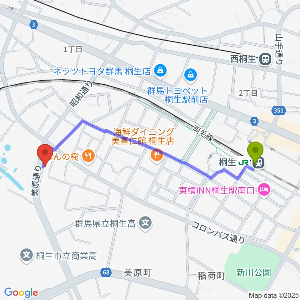 桐生さいとうピアノ教室の最寄駅桐生駅からの徒歩ルート（約11分）地図