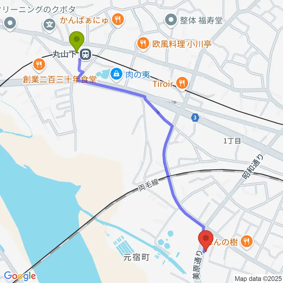 丸山下駅から桐生さいとうピアノ教室へのルートマップ地図