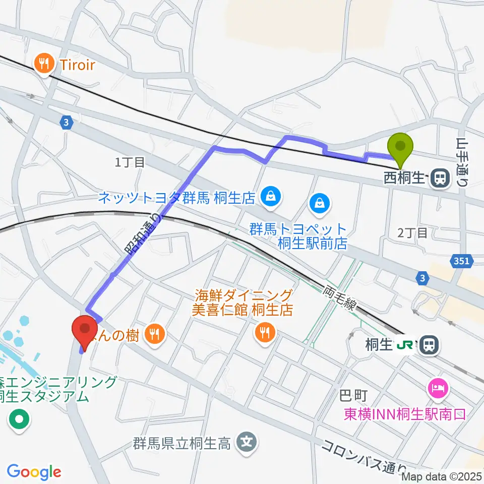 西桐生駅から桐生さいとうピアノ教室へのルートマップ地図