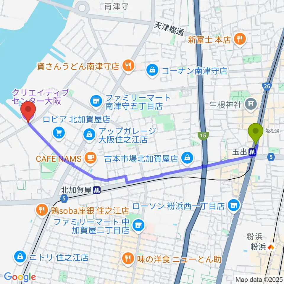 玉出駅からクリエイティブセンター大阪へのルートマップ地図