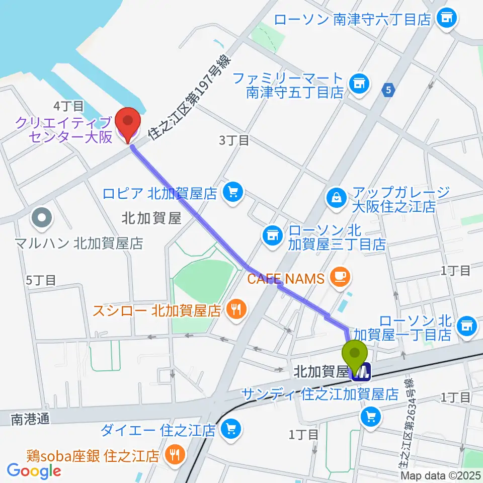 クリエイティブセンター大阪の最寄駅北加賀屋駅からの徒歩ルート（約11分）地図