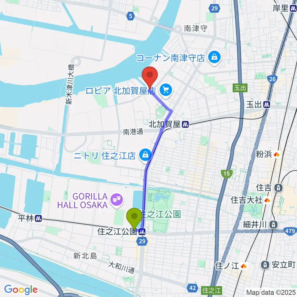 住之江公園駅からクリエイティブセンター大阪へのルートマップ地図