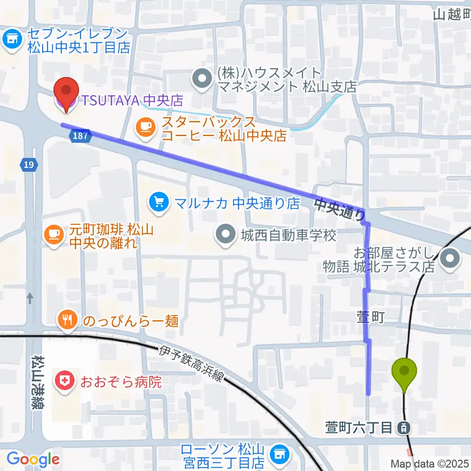 松山TSUTAYA中央店の最寄駅萱町六丁目駅からの徒歩ルート（約7分）地図