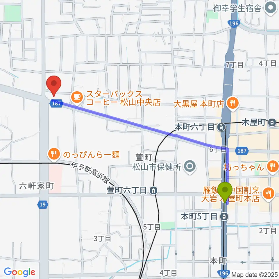 本町五丁目駅から松山TSUTAYA中央店へのルートマップ地図