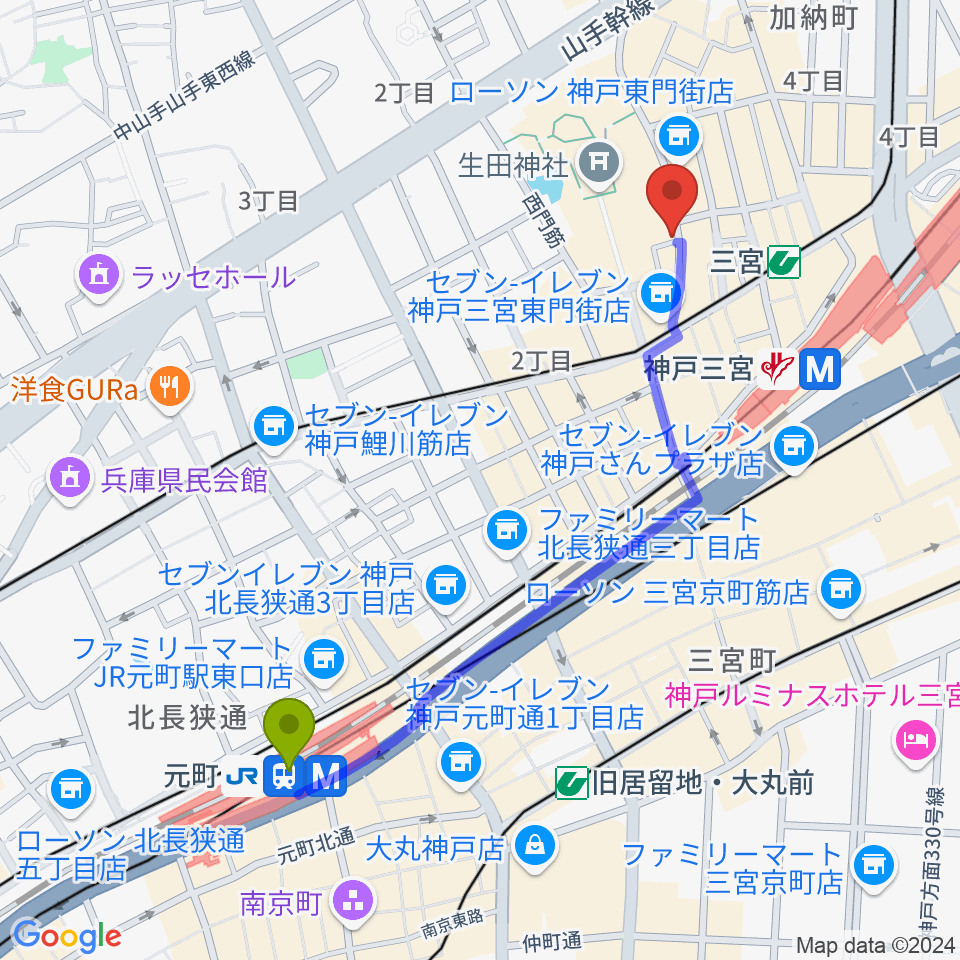 元町駅からクラブ月世界へのルートマップ地図