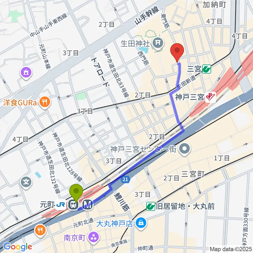 元町駅からクラブ月世界へのルートマップ地図