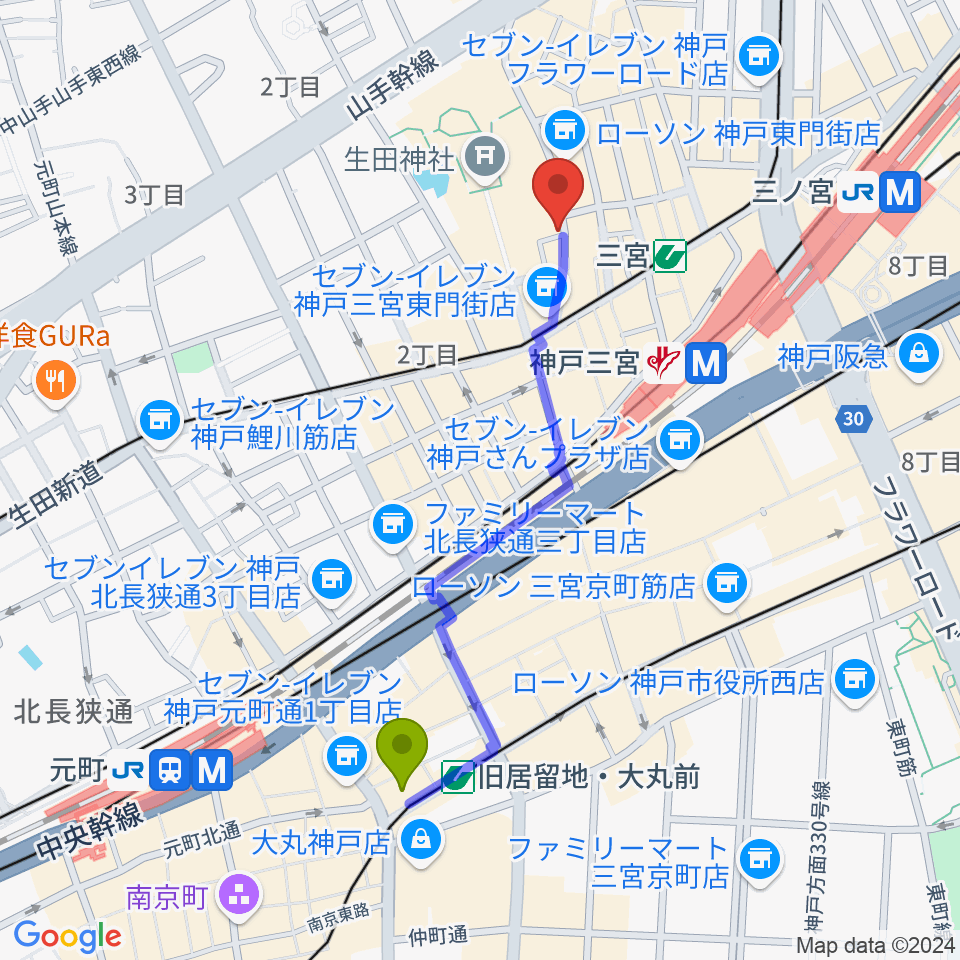 旧居留地・大丸前駅からクラブ月世界へのルートマップ地図