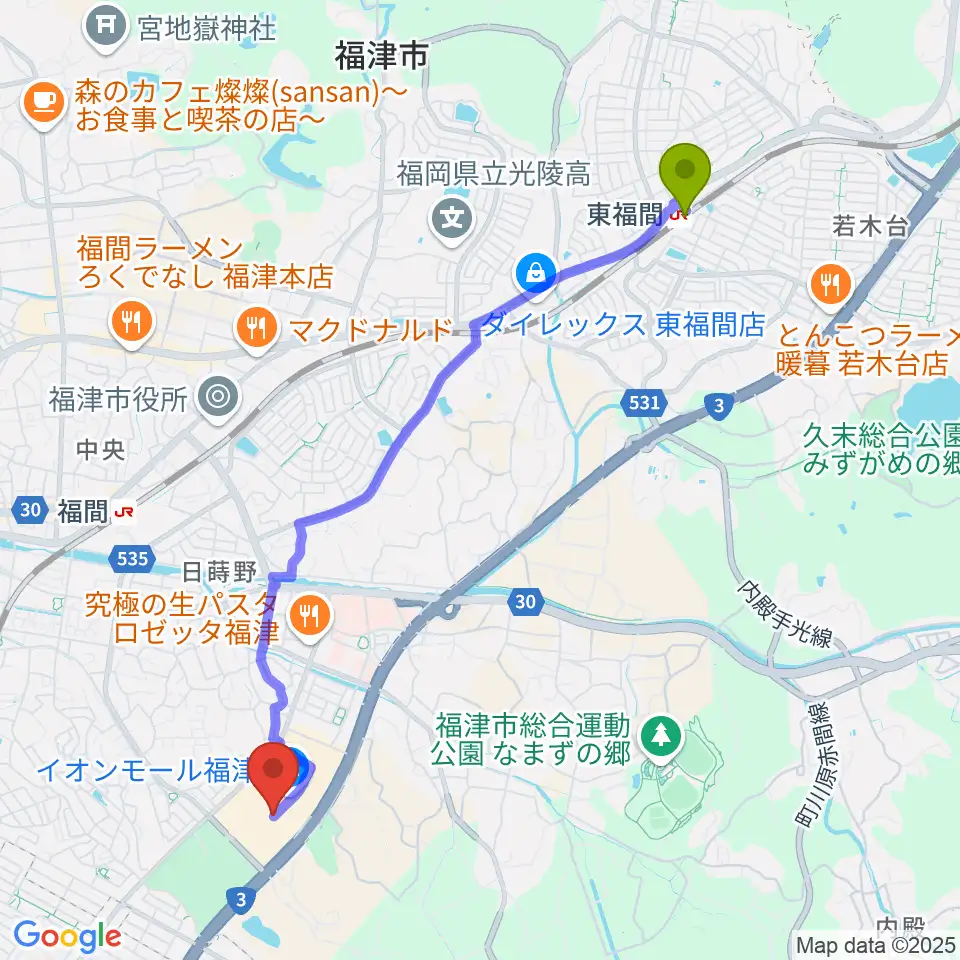 東福間駅からHMVイオンモール福津へのルートマップ地図