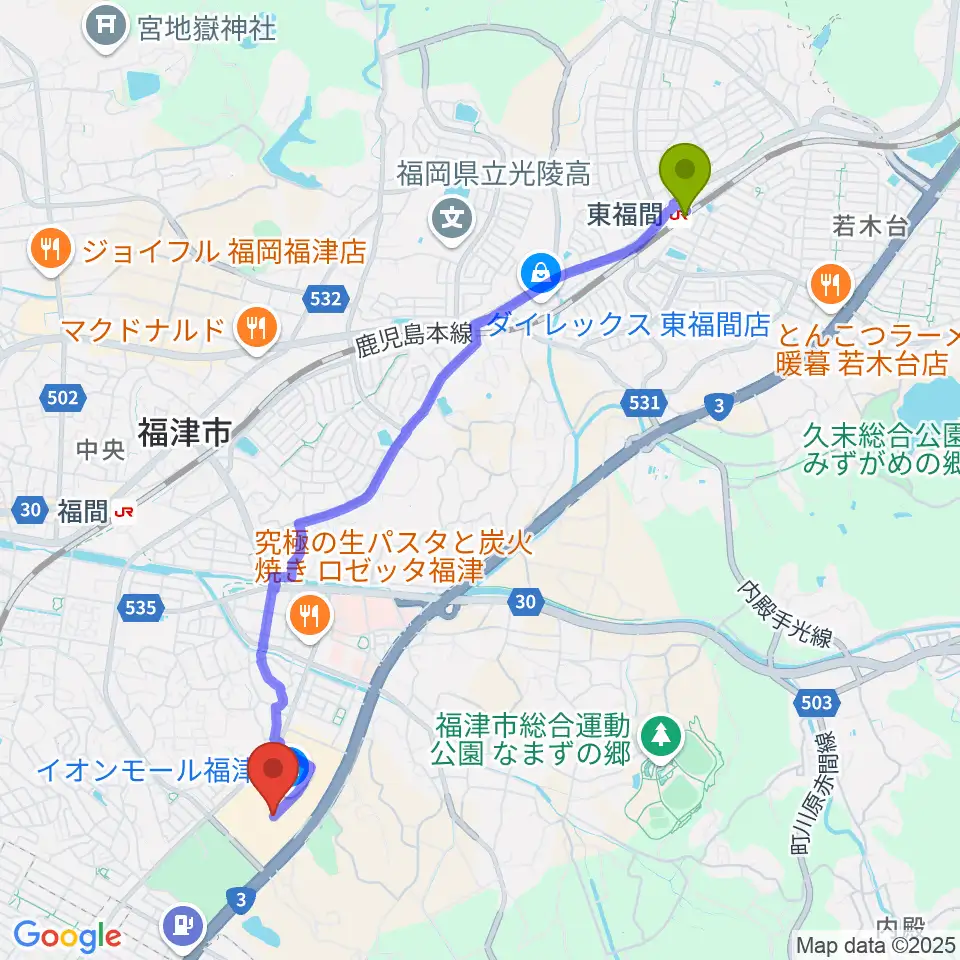 東福間駅からHMVイオンモール福津へのルートマップ地図