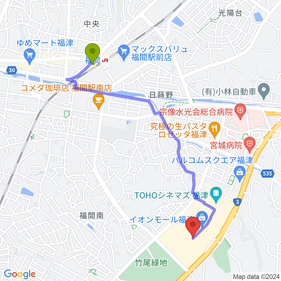 HMVイオンモール福津の最寄駅福間駅からの徒歩ルート（約23分）地図