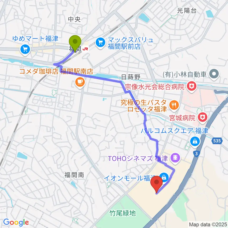 HMVイオンモール福津の最寄駅福間駅からの徒歩ルート（約23分）地図