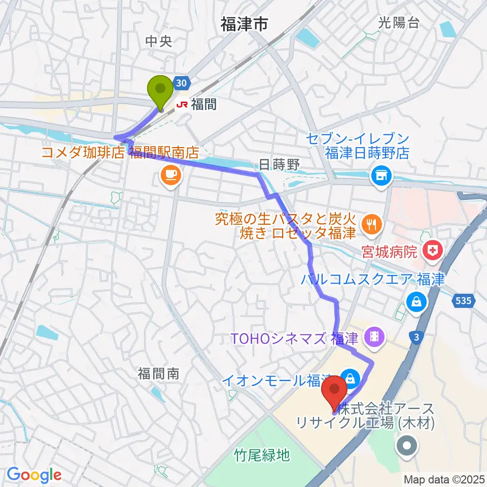 HMVイオンモール福津の最寄駅福間駅からの徒歩ルート（約23分）地図