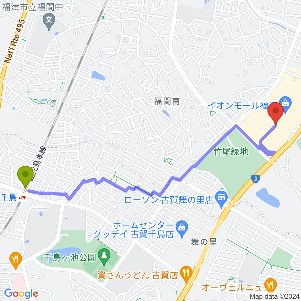 千鳥駅からHMVイオンモール福津へのルートマップ地図