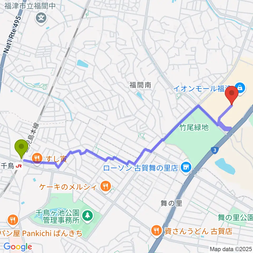 千鳥駅からHMVイオンモール福津へのルートマップ地図