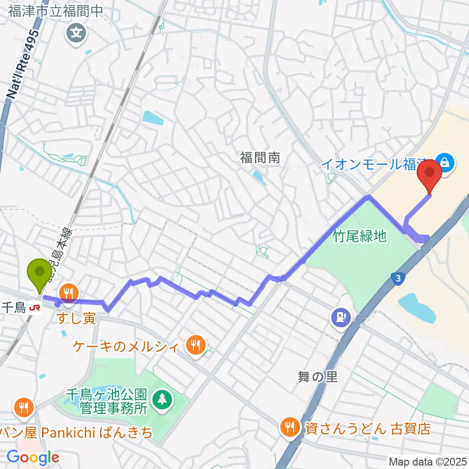 千鳥駅からHMVイオンモール福津へのルートマップ地図