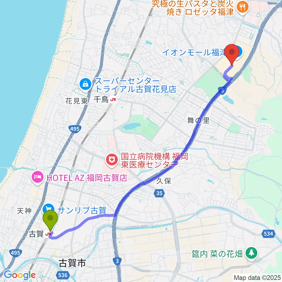 古賀駅からHMVイオンモール福津へのルートマップ地図