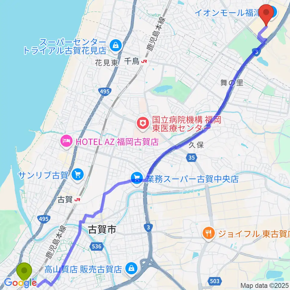 ししぶ駅からHMVイオンモール福津へのルートマップ地図