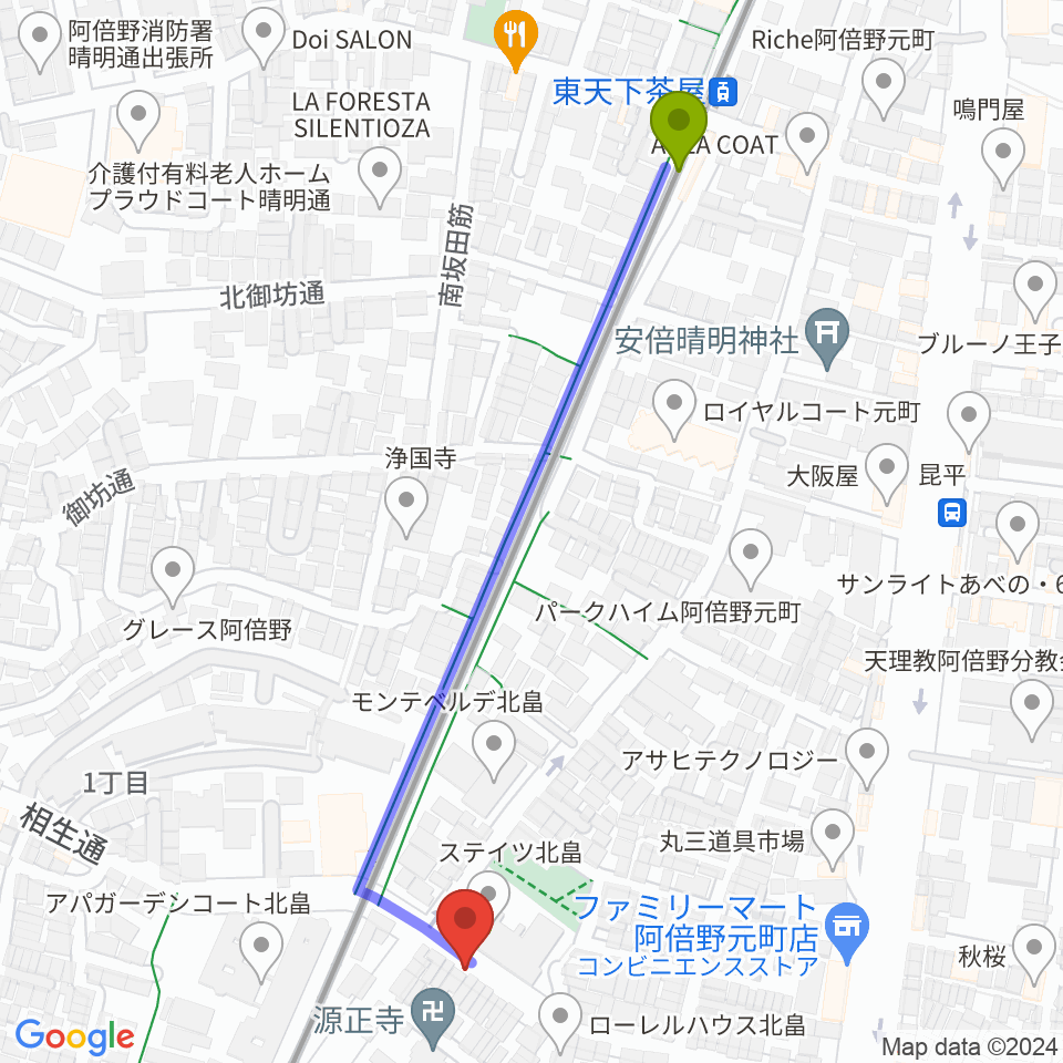 東天下茶屋駅からベル音楽サロンへのルートマップ地図