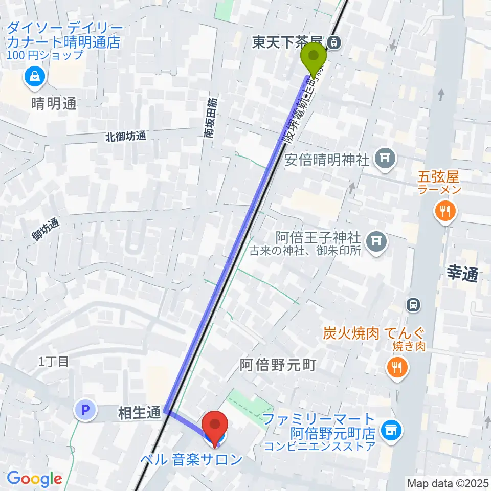 東天下茶屋駅からベル音楽サロンへのルートマップ地図