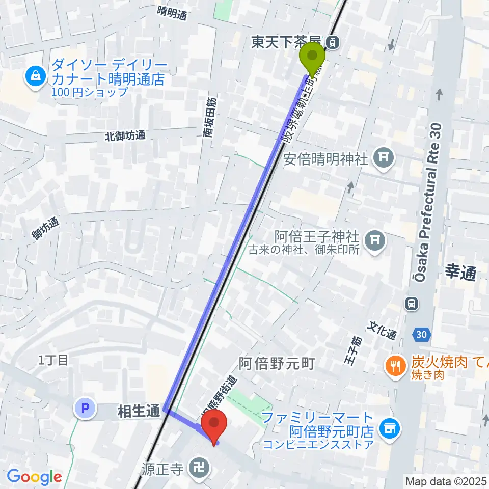 東天下茶屋駅からベル音楽サロンへのルートマップ地図