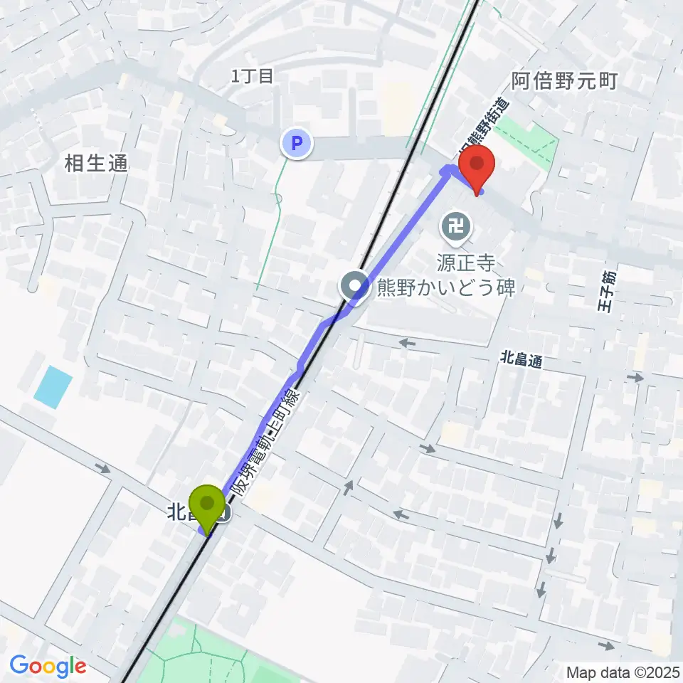 ベル音楽サロンの最寄駅北畠駅からの徒歩ルート（約5分）地図