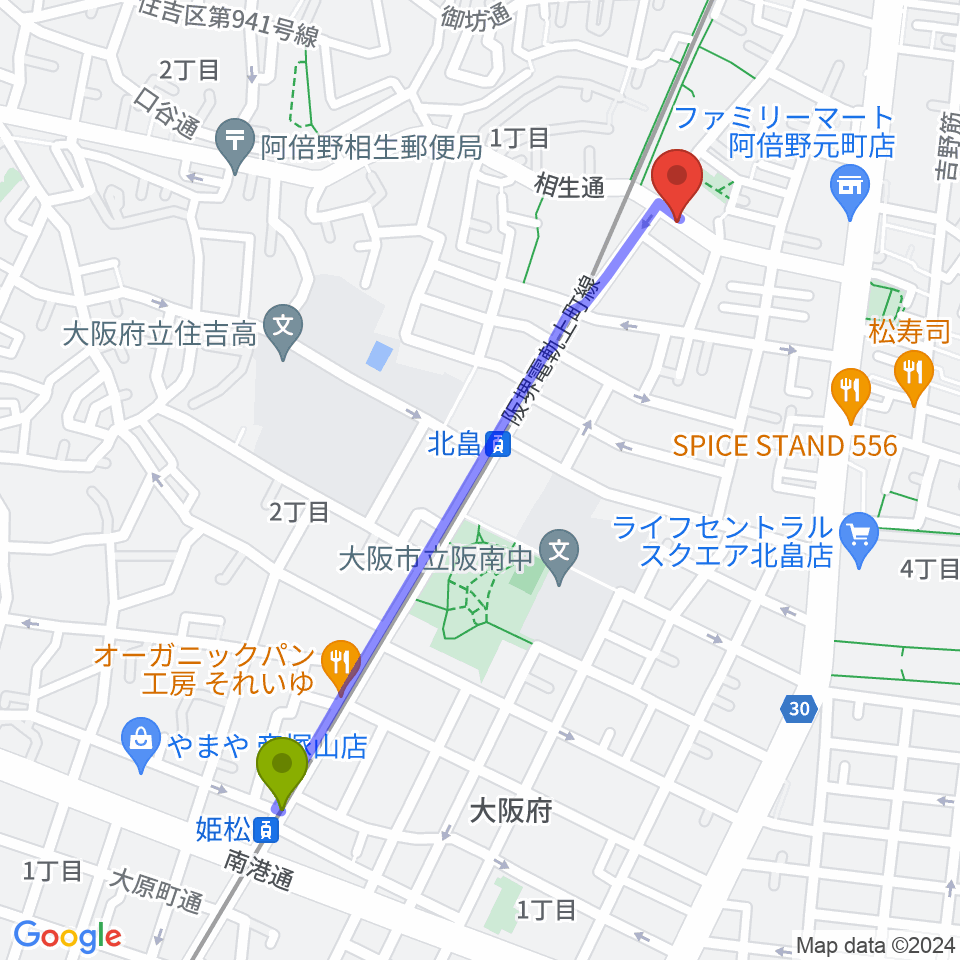 姫松駅からベル音楽サロンへのルートマップ地図