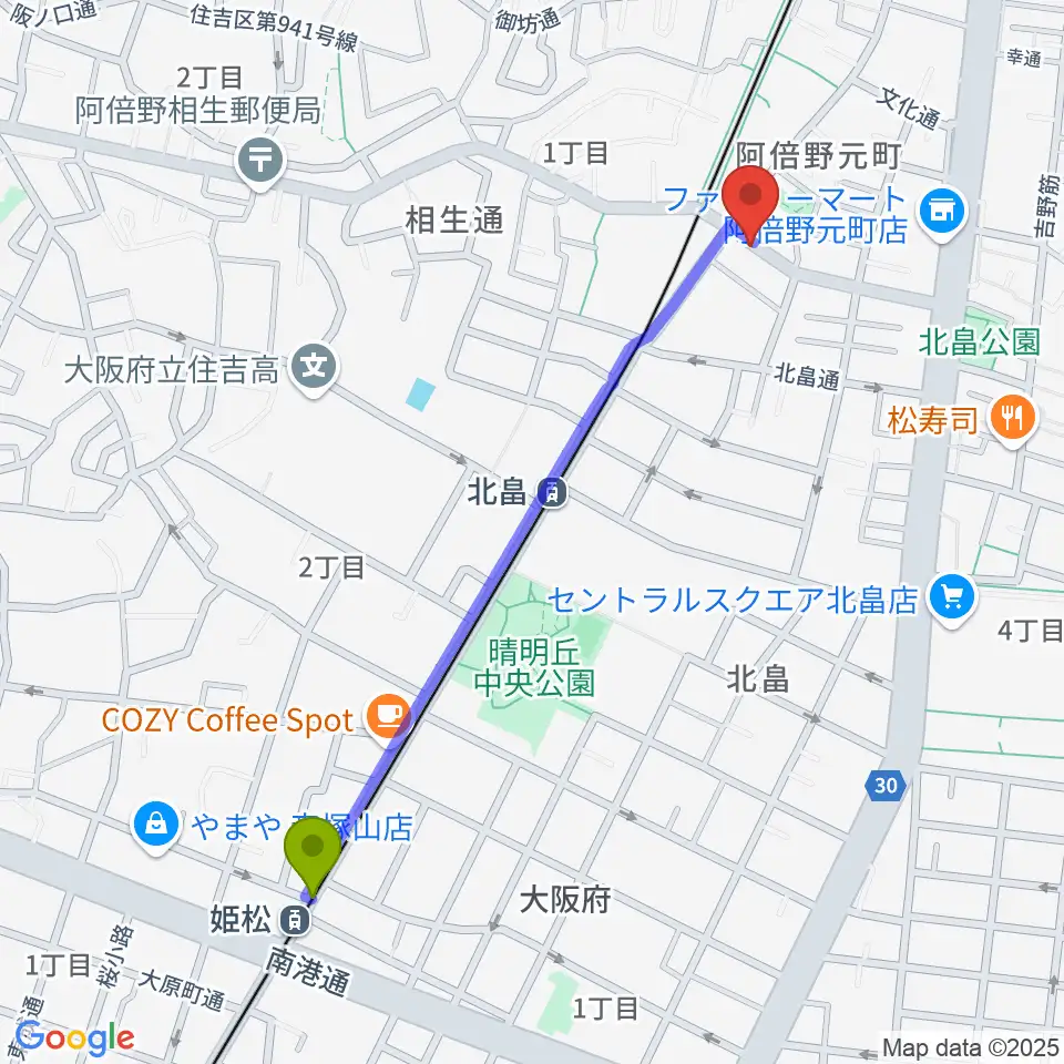 姫松駅からベル音楽サロンへのルートマップ地図