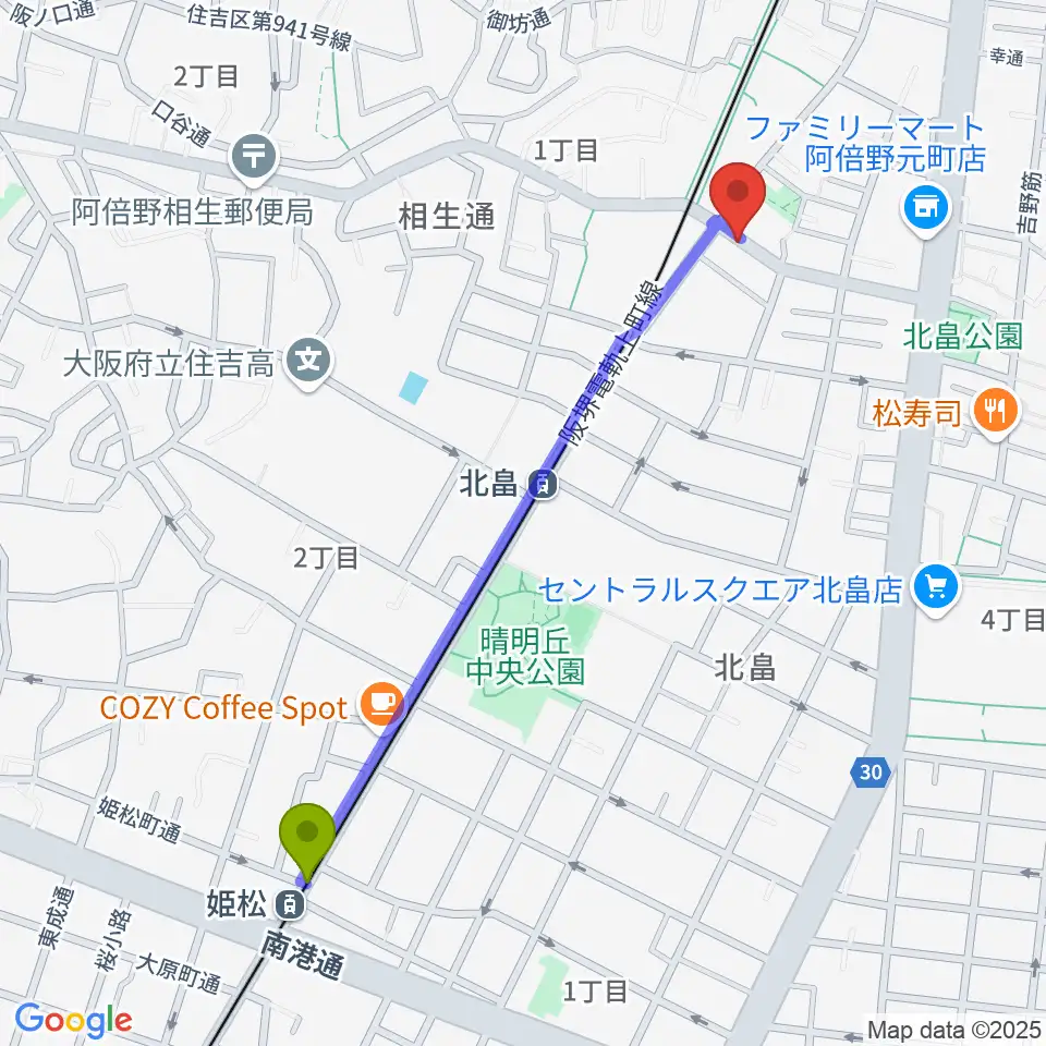 姫松駅からベル音楽サロンへのルートマップ地図