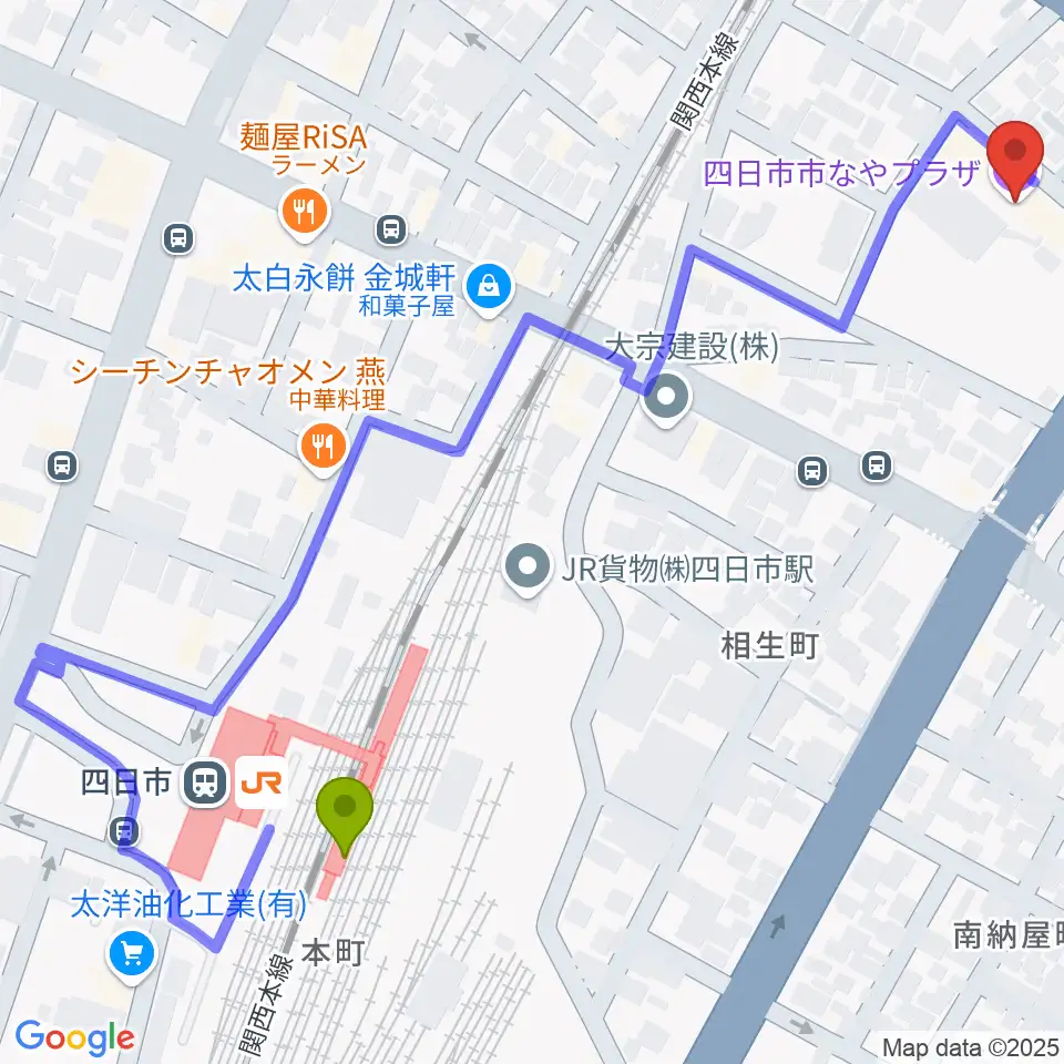 四日市市なやプラザの最寄駅四日市駅からの徒歩ルート（約7分）地図