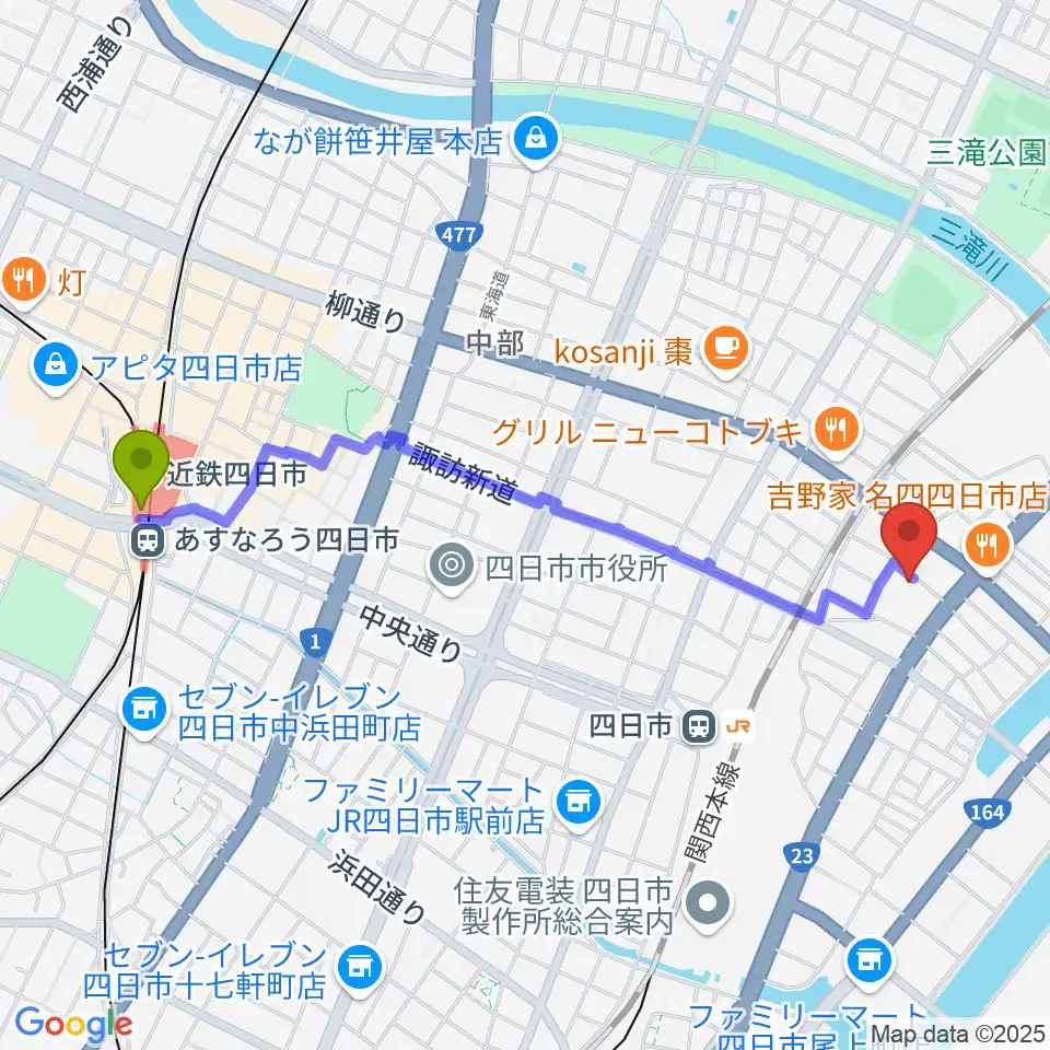 近鉄四日市駅から四日市市なやプラザへのルートマップ地図