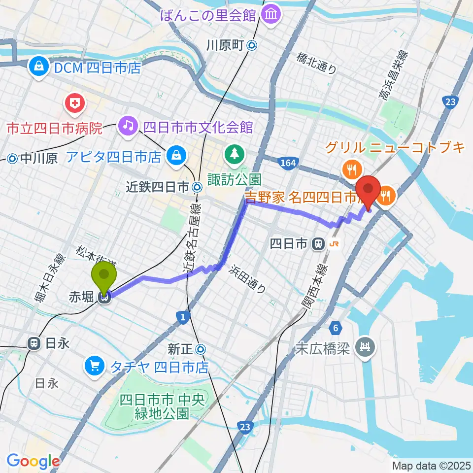 赤堀駅から四日市市なやプラザへのルートマップ地図