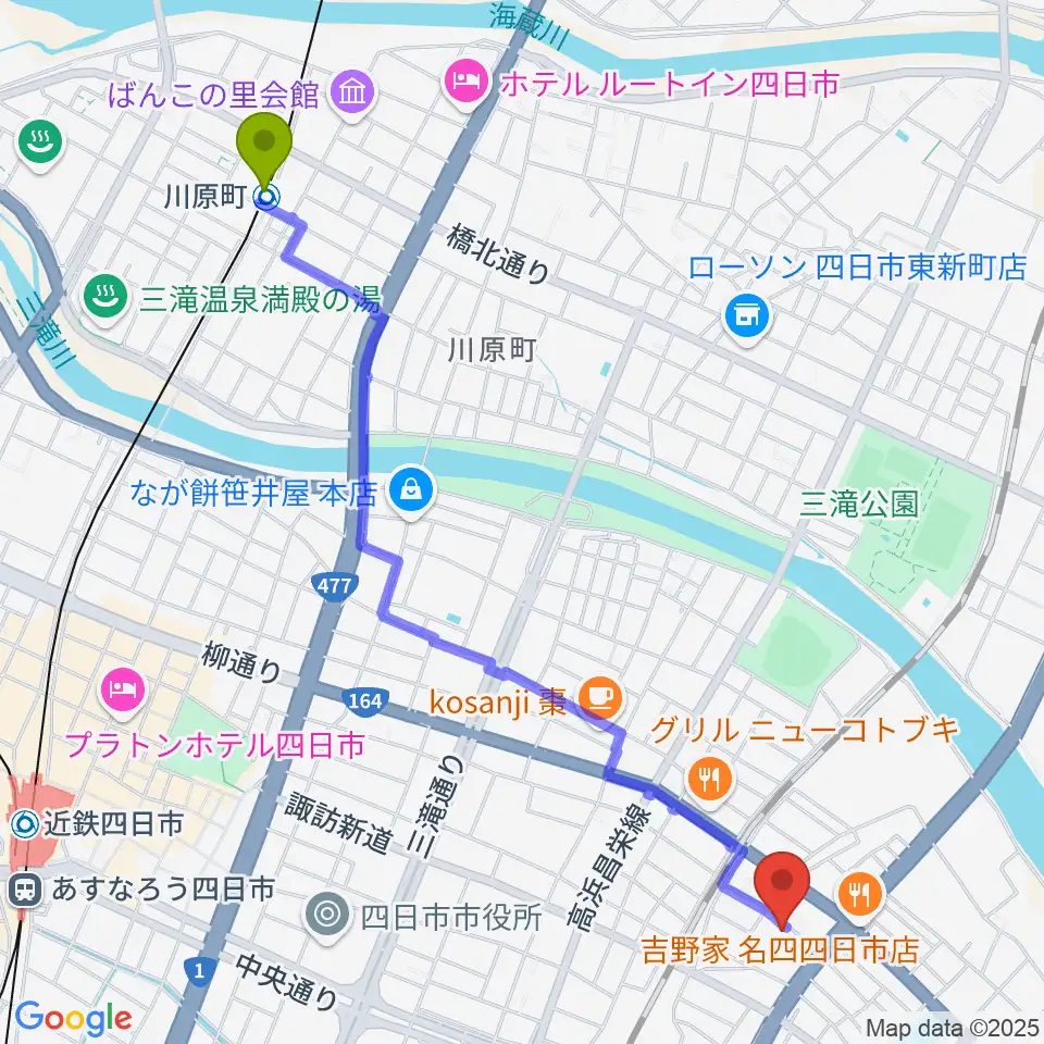 川原町駅から四日市市なやプラザへのルートマップ地図