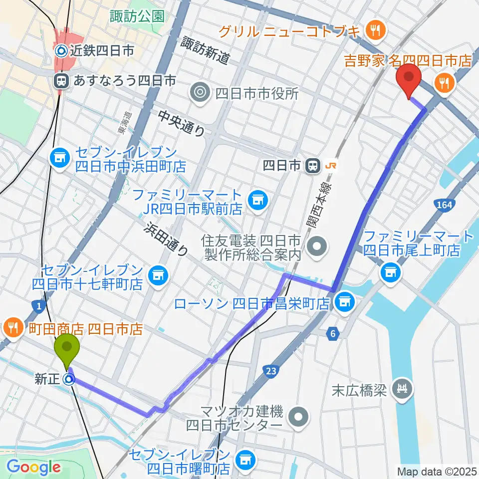 新正駅から四日市市なやプラザへのルートマップ地図