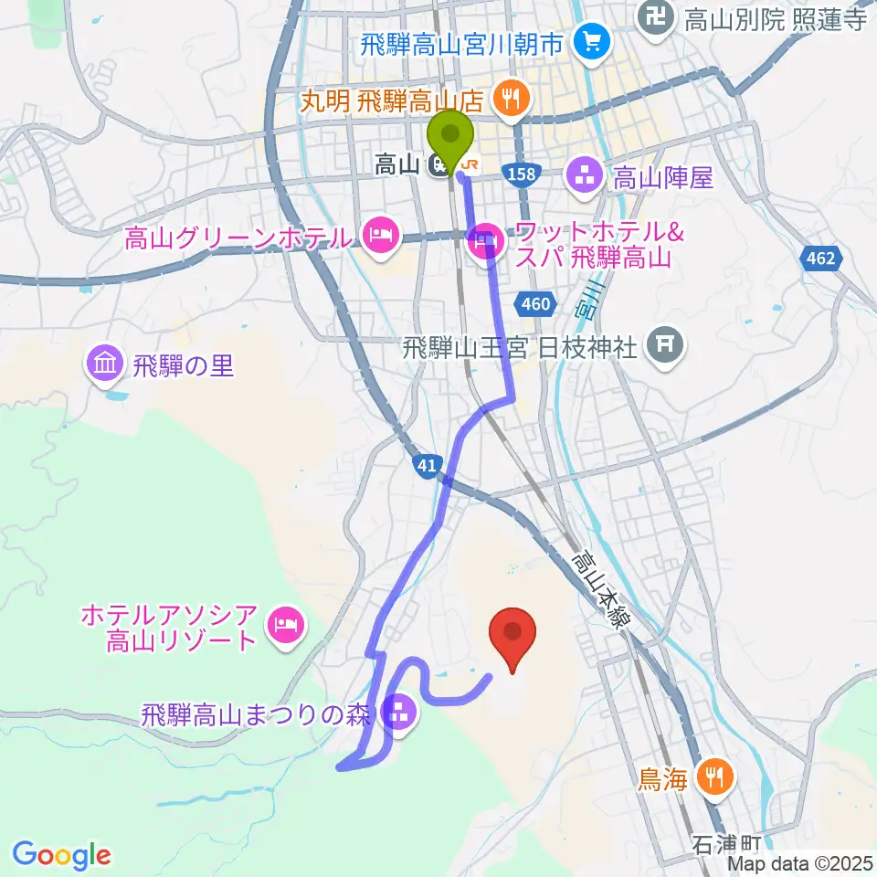 飛騨コンベンションホールの最寄駅高山駅からの徒歩ルート（約35分）地図