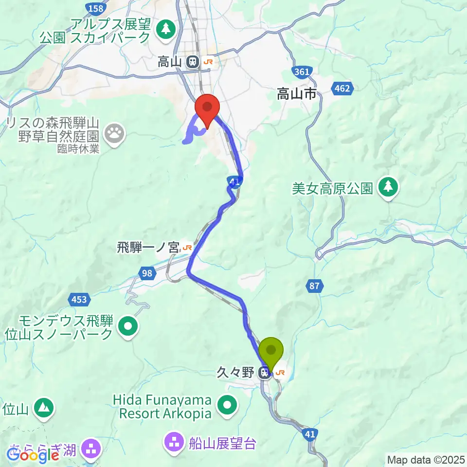 久々野駅から飛騨芸術堂へのルートマップ地図
