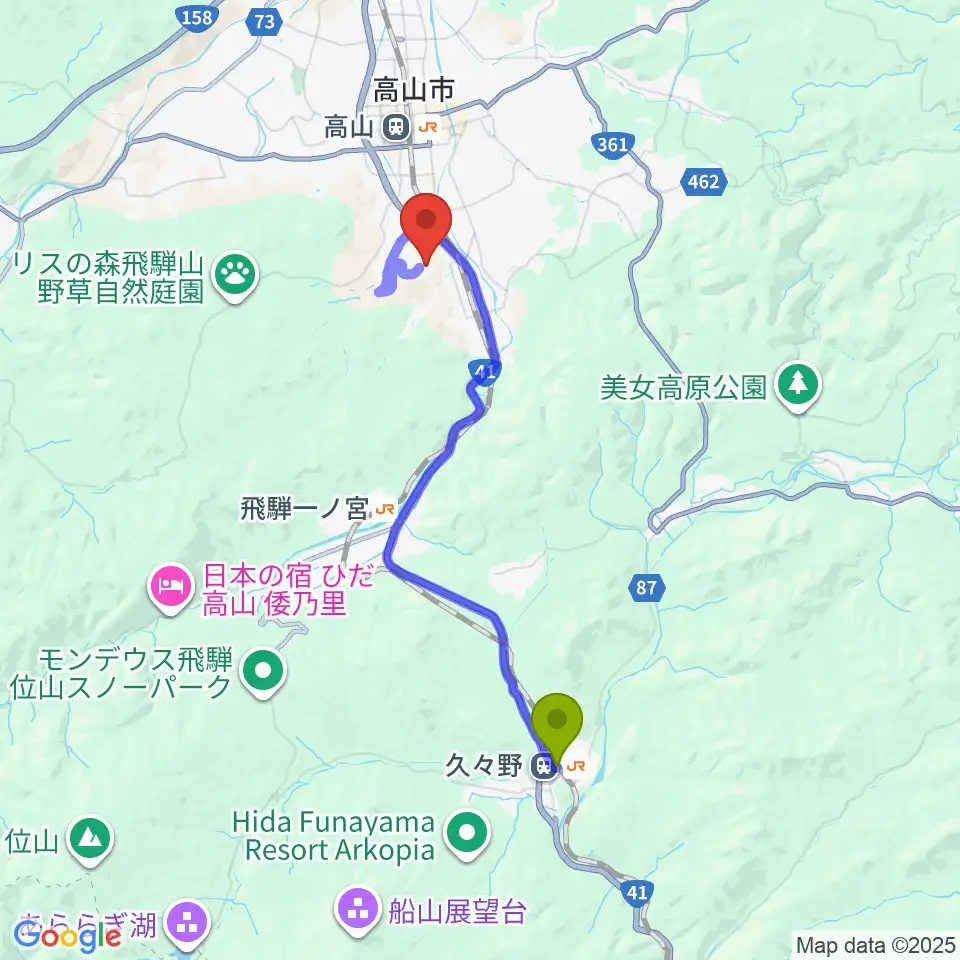 久々野駅から飛騨芸術堂へのルートマップ地図