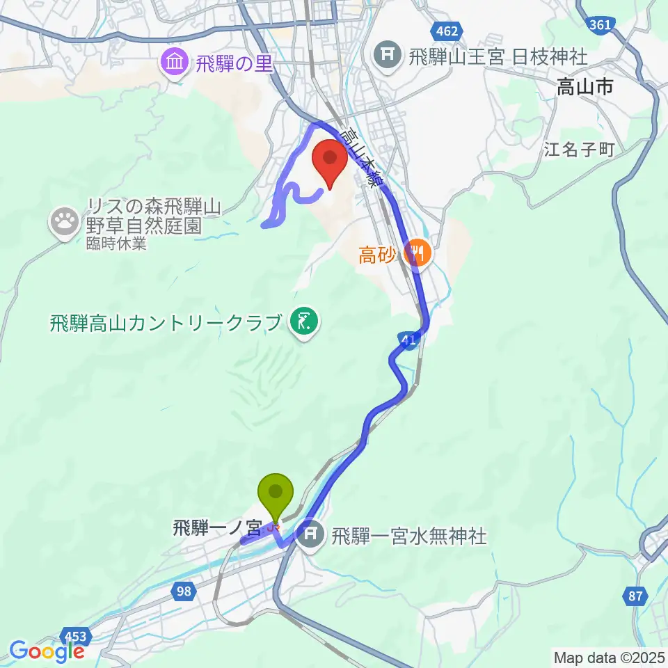飛騨一ノ宮駅から飛騨芸術堂へのルートマップ地図