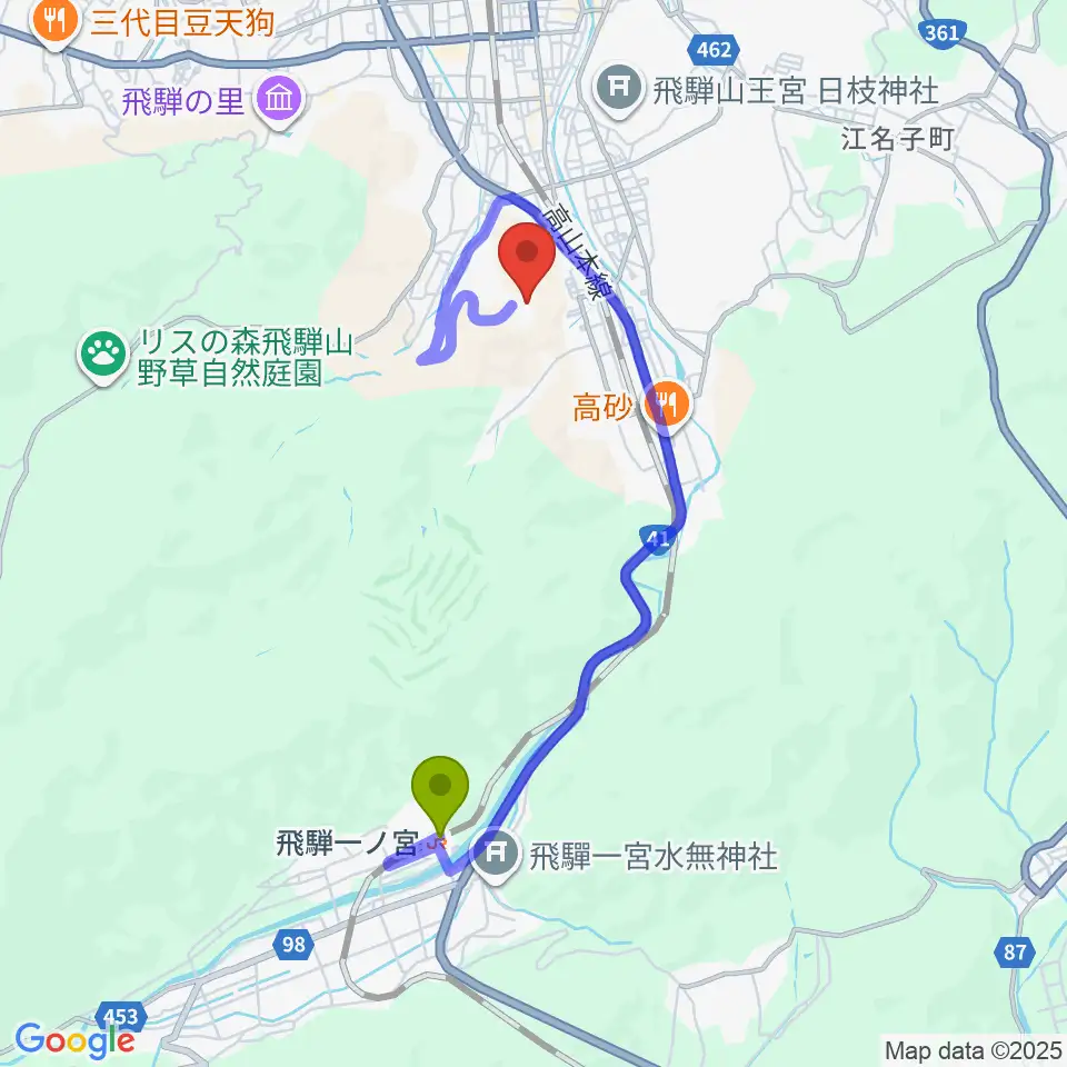 飛騨一ノ宮駅から飛騨芸術堂へのルートマップ地図