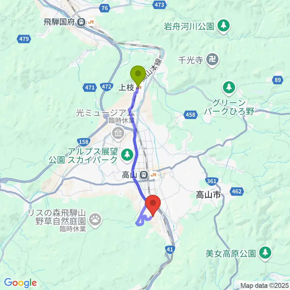 上枝駅から飛騨芸術堂へのルートマップ地図