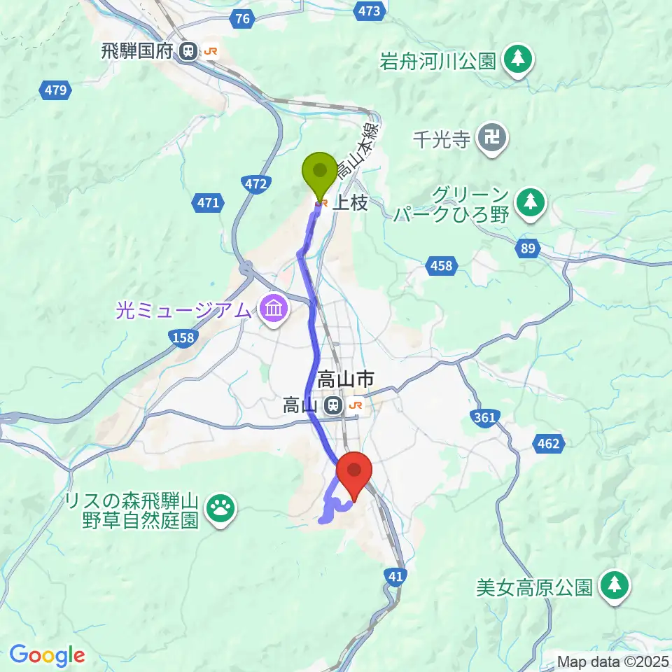 上枝駅から飛騨芸術堂へのルートマップ地図