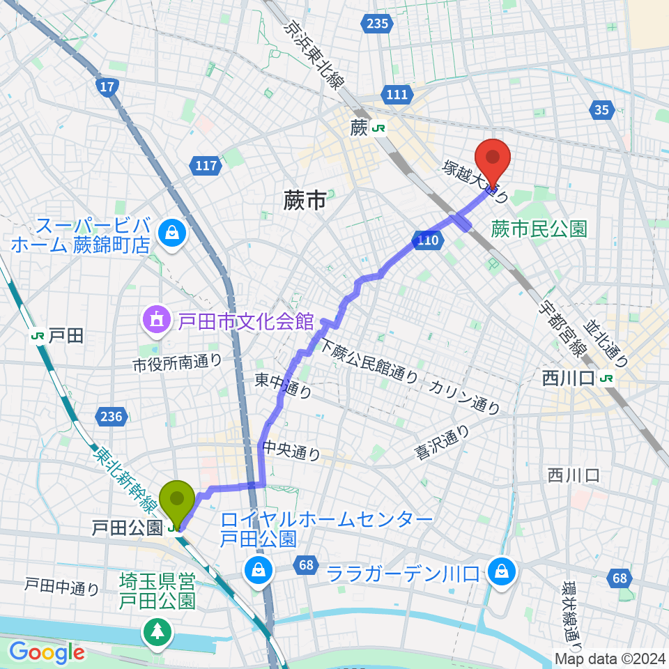 戸田公園駅から天沢バイオリン工房へのルートマップ地図