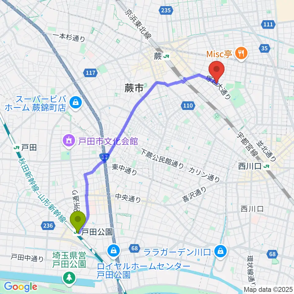 戸田公園駅から天沢バイオリン工房へのルートマップ地図