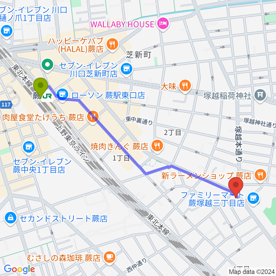 天沢バイオリン工房の最寄駅蕨駅からの徒歩ルート（約12分）地図