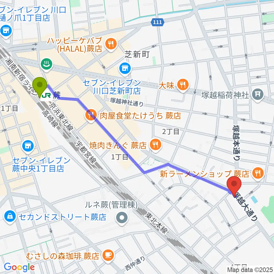 天沢バイオリン工房の最寄駅蕨駅からの徒歩ルート（約12分）地図