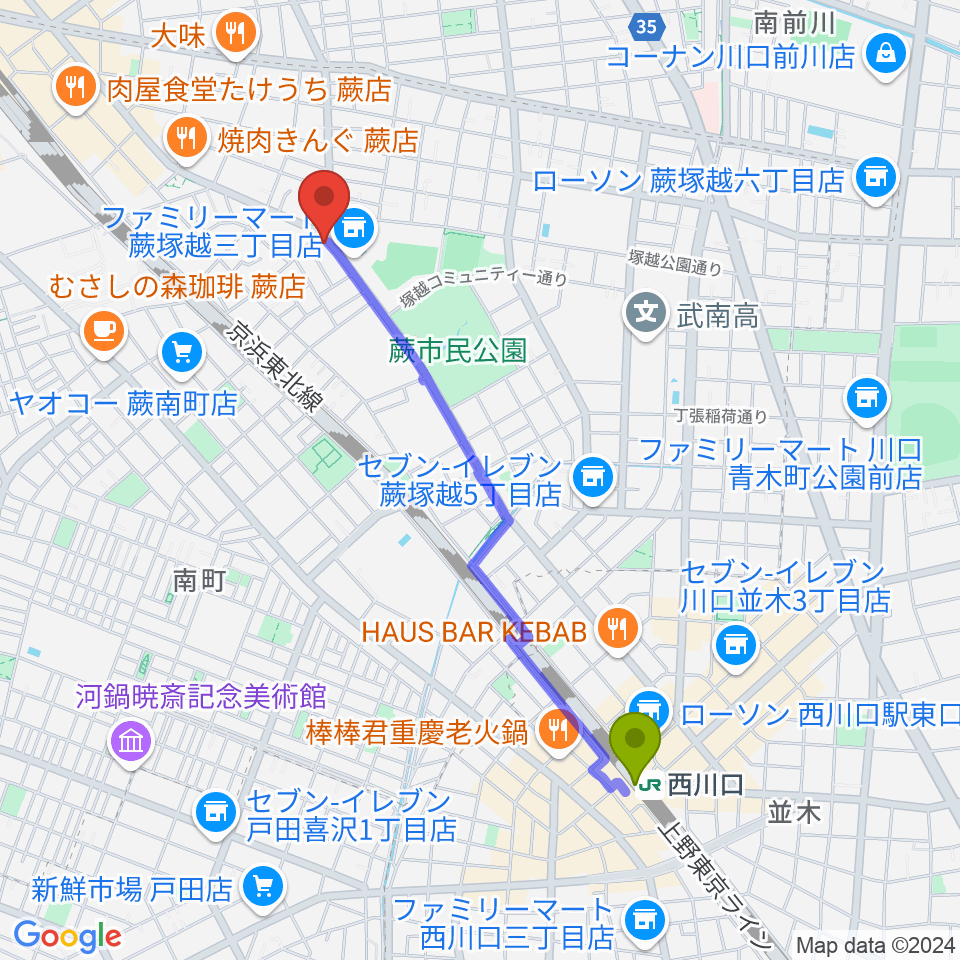 西川口駅から天沢バイオリン工房へのルートマップ地図